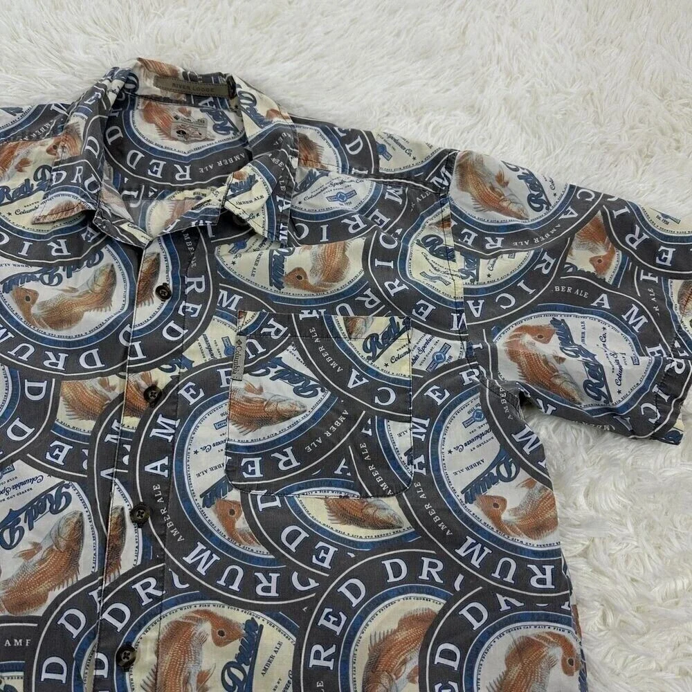 Vintage Columbia Red Drum Beer Short Sleeve Button Up‎ Shirt Large Men Fishing - Picture 5 of 8